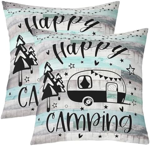 Feelyou Happy Camping Cushion Case Camper Throw Pillow Covers 18"x18" Set of 4 for Sofa Couch Bed Chair Car RV Decor Rustic Farmhouse Style Decorative Pillow Case RV Camping Outdoor Pillows Covers - Image 2