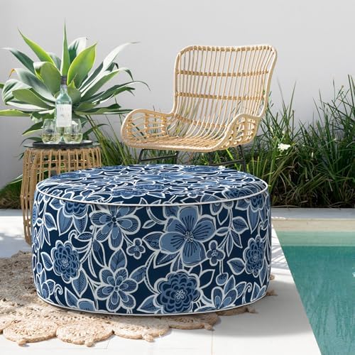 Indoor/Outdoor Inflatable Ottoman, All Weather Ottoman Pouf D31 x H14 inch, Round Foot Rest Ottomans, Portable Footstool for Patio, Garden, Porch, Home,Flower Navy - Image 3