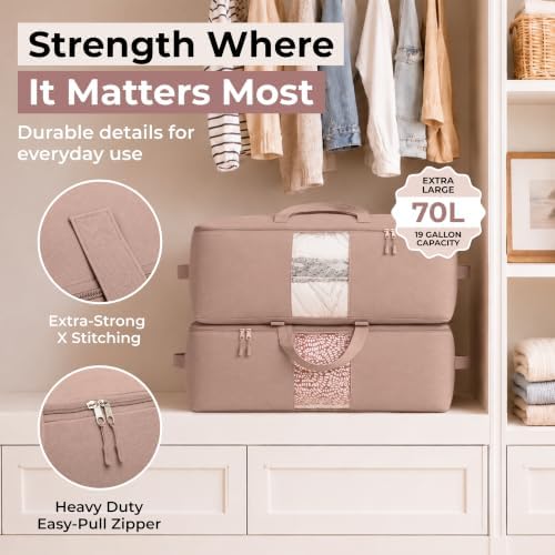 Soft Canvas Storage Bags with Zipper. Thick Breathable, 2pc King/Queen Comforter Organizer. Four Carrying Handles and Window. Large 25x19x9in Bag for Sheets Blankets Bedding Pillows, Clothes (Pink) - Image 3