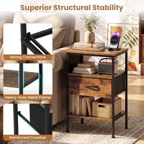 KOMFOTT Nightstand with Charging Station, 24.5" Modern Bedside Table with Fabric Drawer, Open Shelf & Side Pocket, End Table with 2 AC Outlets, USB and Type-C Port for Bedroom (Rustic Brown,1) - Image 7
