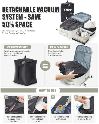 Vacuum Seal Travel Backpack with Air Pump Vacpack Waterproof Carry On Backpacks for Travel Bag Women with Vacuum System Compression Airlines Approved Daypack Laptop Hiking Work Space Saver Bags White - Image 2