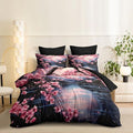 CCoutueChen Japanese Style Comforter Set Twin,Cherry Blossom Lightweight Comforter for Girls, 2Pcs Black Pink Floral Painting Soft Bedding Set with 2 Pillowcases,Great Bedroom Decor by CCoutueChen