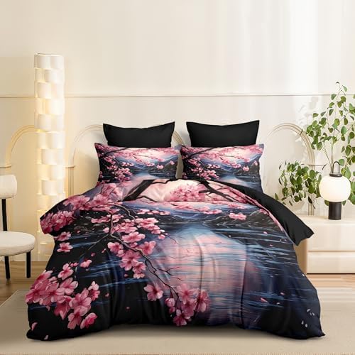 CCoutueChen Japanese Style Comforter Set Twin,Cherry Blossom Lightweight Comforter for Girls, 2Pcs Black Pink Floral Painting Soft Bedding Set with 2 Pillowcases,Great Bedroom Decor by CCoutueChen