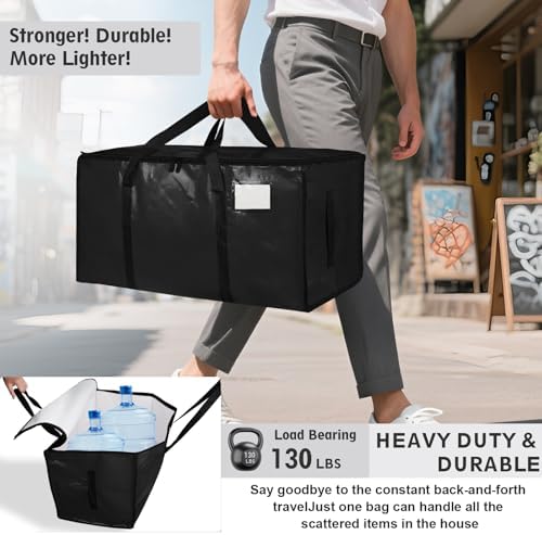 6 Pack-Extra Large Heavy Duty Moving Bags - Waterproof Storage Totes with Handles & Zippers, Foldable for College Dorm, Storage (Black) - Image 3