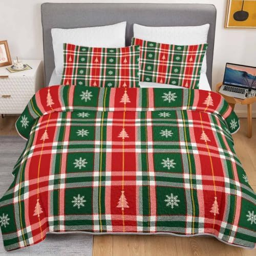 HOSIMA Christmas Red Green Plaid Quilt Twin Size with 2 Pillowcases. - Image 3