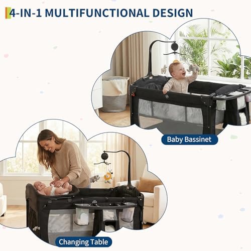 4 in 1 Pack and Play, Portable Travel Baby Bassinet with Rocking Bassinet & Diaper Changing Table, Infant Baby Playard with Mattress, Large Toddler Playpen,Storage Pocket，Carry Bag & Rotating Toy Bar - Image 5