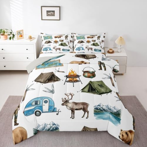Erosebridal RV Camper Camping King Comforter Set, Hunting Deer Bear Bedding Sets for Kids Girls Boys, Lakehouse Rustic Cabin Room Bedroom Decor, Outdoor Travel Trailers Bed Set by Erosebridal
