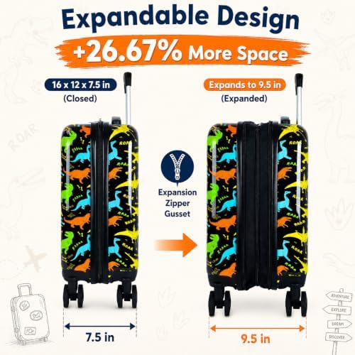 5PCS Kids Luggage Boys Suitcase Set, 16" Hardside Carry-on Dinosaur - Image 3