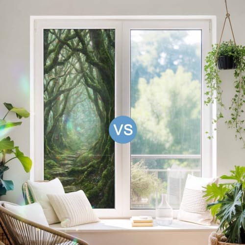 Green Forest Window Privacy Film Rainbow Static Cling Stain Glass Window Film for Glass Door, Decorative Heat Blocking Sunroof Decal Sticker for Car Home 35.4"x78.7" Misty Light Rustic Cottagecore - Image 5