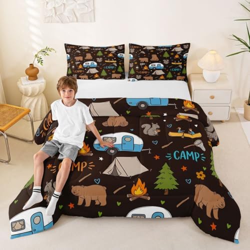 Erosebridal RV Camper Comforter Set Queen Size, Forest Theme Camping Bedding Set for Kids Girls Boys, Woodland Animal Print Bear Quilts Bed Sets, Outdoor Travel Trailer Bedroom Decor - Image 2