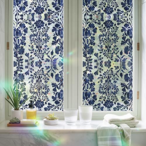 Blue Spring Floral Window Privacy Film Rainbow Static Cling Stain Glass Window Film for Glass Door, Decorative Heat Blocking Sunroof Decal Sticker for Car 35.4"x78.7" Summer Botanical Farmhouse - Image 6