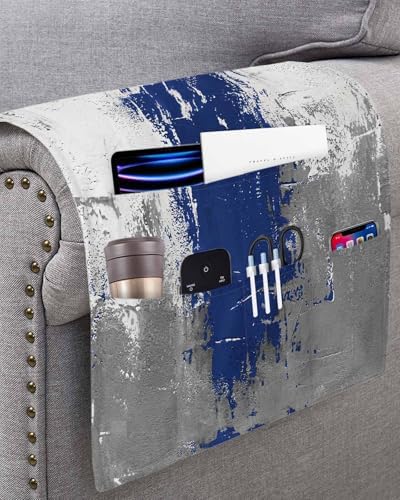 Sofa Armrest Organizer Bedside Caddy, Navy Blue Cement Gray Non Slip Couch Remote Control Holder for Recliner, Modern Abstract Art Blue Armchair Caddy with Pocket for Magazine, Phone, 19.7"x35" - Image 3
