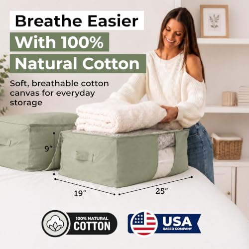 Soft Canvas Storage Bags with Zipper. Thick Breathable, 2pc King/Queen Comforter Organizer. Four Carrying Handles and Window. Large 25x19x9in Bag for Sheets Blankets Bedding Pillows, Clothes (Green) - Image 2