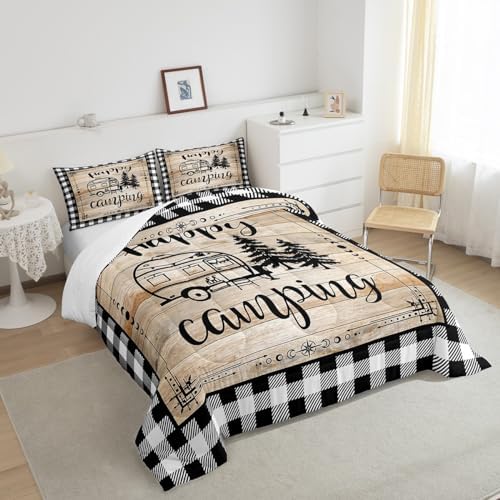 Erosebridal Rv Camper Bedding Set for Bunks,Happy Camping Comforter Sets Queen Black White Buffalo Plaid Quilt Comforter for Travel Trailers Farmhouse Cabin Decor Bed Set 2 Pillow Cases - Image 5