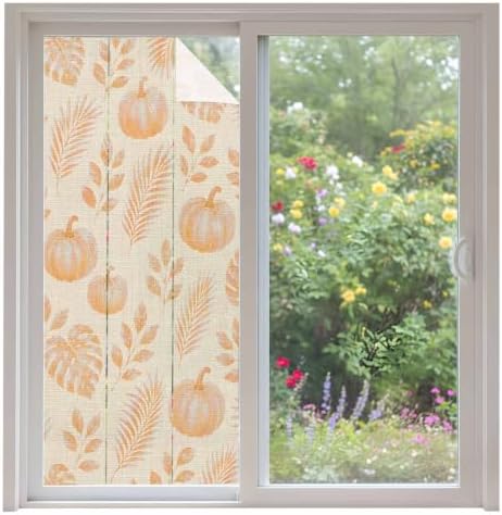 Window Privacy Film Frosted, Orange Pumpkins Fall Non-Adhesive Static Cling Window Tint, Thanksgiving Tropical Palm Rustic Insulated Windows Frosted Films for Living Room, 35.4 x 78.7 Inches by Unknown