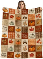 Fall Pumpkins Throw Blanket, Autumn Maple Leaves Fluffy Soft Blankets for Couch Bed, Orange Plaid Thanksgiving Plush Microfiber Striped Flannel Blankets, Farmhouse Lightweight Sofa Blankets 60"x80" by Unknown