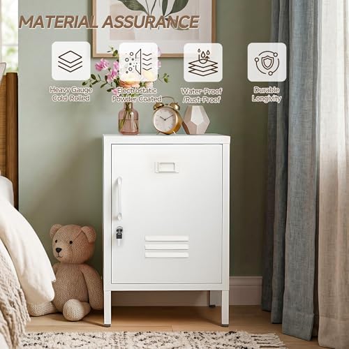 Lockable Metal Nightstand with Door, Industrial Storage Locker End Table, Small Bedside Table for Bedroom Living Room Dorm,White - Image 3