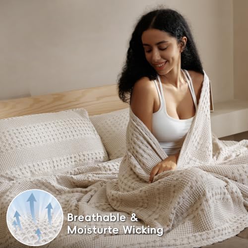 PHF Lightweight 100% Cotton Waffle Blanket for Bed, King, Light Taupe - Image 3