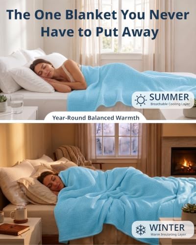 LANE LINEN Queen Blanket for Bed, 100% Cotton Waffle Weave - Sky Blue - Image 5