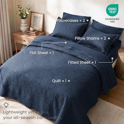 Love's cabin King Quilt Set Navy, Bed in a Bag King Size Bedding 7 Pieces, Ultrasonic Embossed Coin Pattern Comforter, Lightweight Bedspreads for All Seasons Quilt with Sheets, Pillowcases & Shams - Image 2
