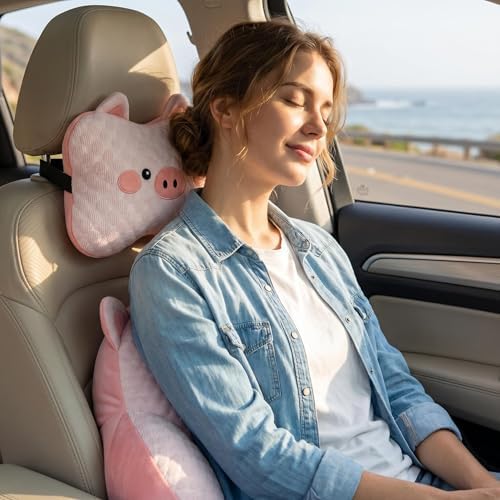 Car Neck Pillow and Lumbar Support Set, Cute Animal Soft Plush Ergonomic Back Cushion for Driving, Travel Seat Headrest Pillow(Set of 2) (Rabbit) - Image 4