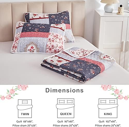 Patchwork Quilt Set Twin Size, 2 Pieces Pink Purple Floral Plaid Design Summer Bedspread Coverlet Set, Soft Microfiber Reversible Lightweight Bed Cover for Kids (68" x 86", 1 Quilt+ 1 Pillow Sham) - Image 7