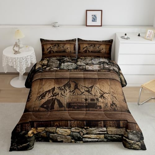 Erosebridal Rustic Farmhouse Bedding Sets Happy Camping Comforter Set for Camper Full,Country Cabin Lodge Camper Bedding Comforter Sets Rv Accessories for Travel Trailers Quilt Set Brown Black by Erosebridal