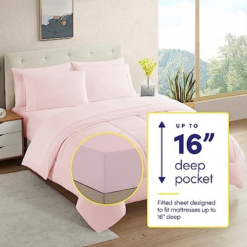 Sweet Home Collection 7 Piece Comforter Set Bag Solid Color All Season Soft Down Alternative Blanket & Luxurious Microfiber Bed Sheets, Pale Pink, Queen - Image 2