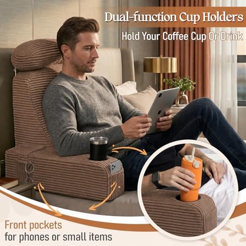 Reading Pillow/Backrest Pillow with Arms, Cup Holder & Phone Pocket - Image 3