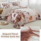 Drucon Khaki Floral Quilt Set Queen 3 Pieces Boho Flower Quilt Coverlet Set - Image 4