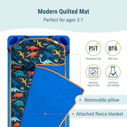 Wildkin Quilted Kids Nap Mat with Pillow for Boys & Girls – Soft Microfiber, Elastic Straps, Toddler Sleep Mat for Daycare, Preschool, Kindergarten & Travel, Ages 3–7, Machine Washable - Image 3