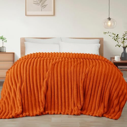 Exclusivo Mezcla Striped California King Fleece Bed Blanket, Burnt Orange by ExclusivoMezcla