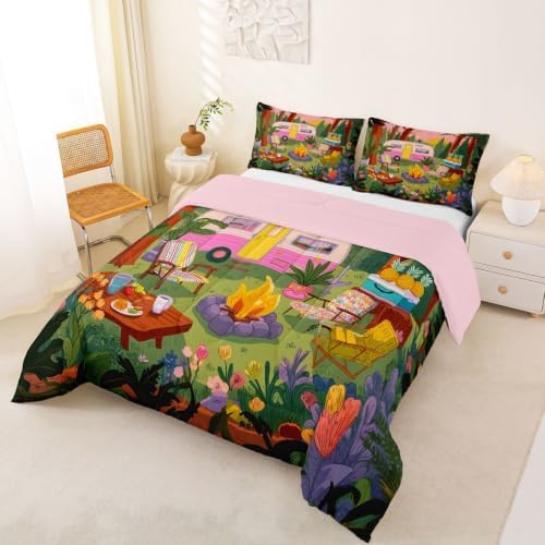 Erosebridal Woodland Camping King Comforter Set Rustic Camper Car Bedding Set Rv Bunk Comforter for Kids Boys Girls Campfire Sunset Quilt Duvet - Image 3