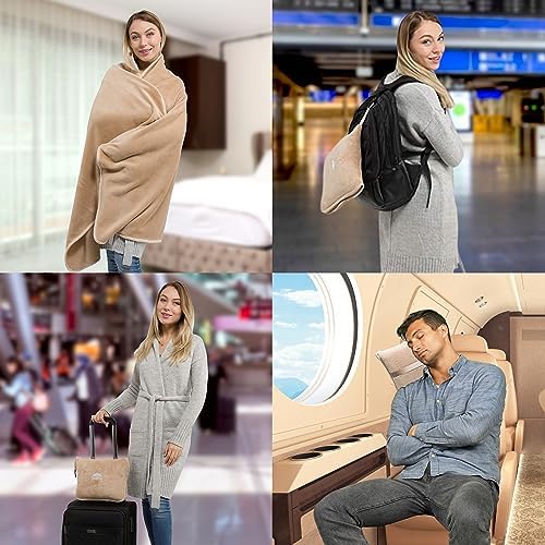 BlueHills Travel Blanket Pillows for Two Airplane Traveling Essentials Flight Throws in Bag case with Backpack Clip Compact Large Plane Accessories – Red and Beige - Image 2