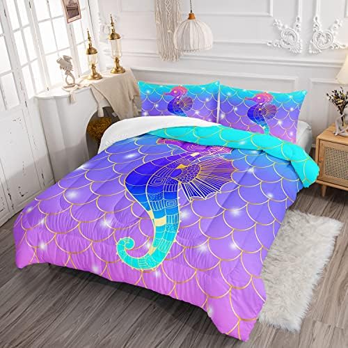 HOSIMA Mermaid Fish Scales Bedding Sets Twin,Seahorse Printed Ocean Animal Rainbow Bedding Glitter Star Themed Twin Comforter Set for Kids Room Decor,Twin Bed Set for Girls with 2 Pillowcases. - Image 2