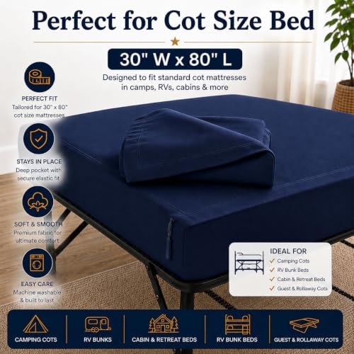 Zipper Cot Fitted Sheet, 30 x 80 Camping Cot Mattress Sheets, 400 Thread Count 100% Cotton, Includes 1 Wraparound Base, 2 Removable Zipper Top Sheets & 2 Pillowcases, 8 Inch Deep Pocket, Navy Blue - Image 2