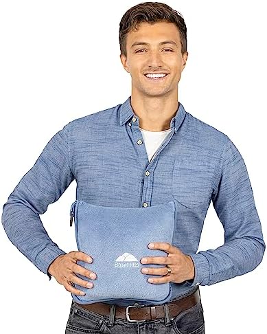 BlueHills Travel Blanket Pillows for Two Airplane Traveling Essentials Flight Throws in Bag case with Backpack Clip Compact Large Plane Accessories – Pink and Grayish Blue - Image 3