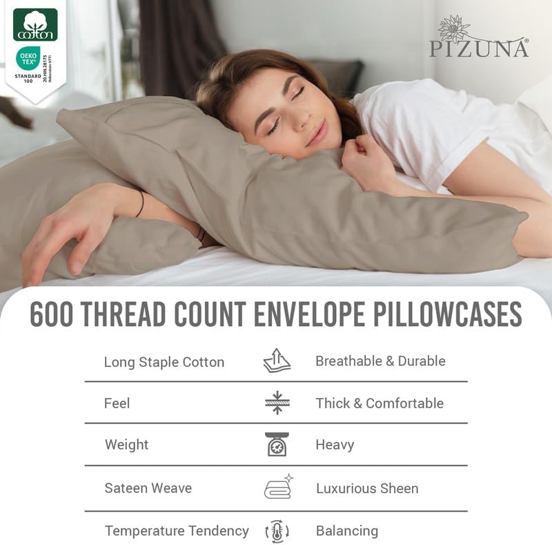 Pizuna 100% Cotton Queen Size Envelope Pillow Cases 600 TC Simply Taupe - Image 2