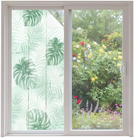 Window Privacy Film Frosted, Mint Green Palm Trees Tropical Non-Adhesive Static Cling Window Tint, Summer Beach Botanical Insulated Windows Frosted Films for Living Room, 35.4 x 78.7 Inches by Unknown