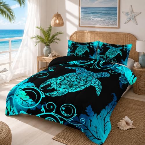 Nttopship Blue Sea Turtles Comforter Set, Full Size, 3-Piece (1 Comforter + 2 Pillowcases), Microfiber, Nautical, Animal Theme, Bedding Set by Nttopship