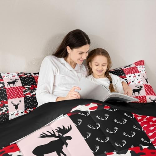 Erosebridal Boys Camo Comforter Set, Deer Silhouette Bedding Set King for Kids Teens Adult, Black White Red Camouflage Quilted Comforter Antlers Grid Checkered Down Comforter with 2 Pillow Cases - Image 5