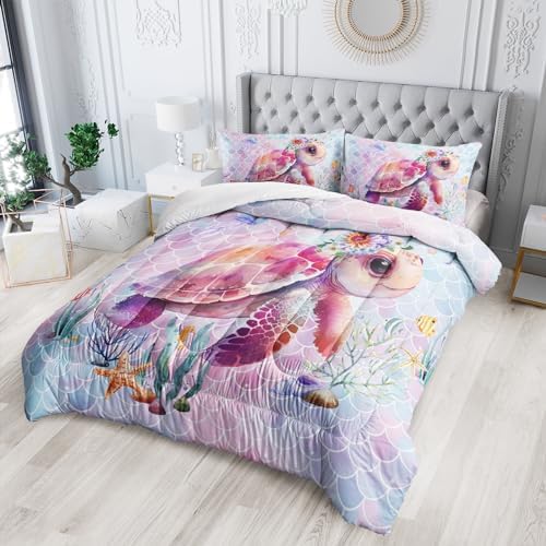 Nttopship Pink Cute Turtle Comforter Sets Twin Size，Bedding Sets for Kids,Flower turtles and fish scales Comforter Sets All Season 1 Comforter and 2 Pillowcases - Image 2
