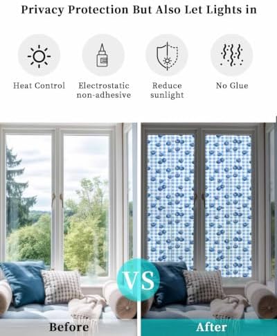 Window Privacy Film Frosted, Blue Blueberry Reusable Static Cling Window Tints, Checkered Fruits Farmhouse Art Heat Control Windows Films for Offices, Balcony, 29.5 x 118 Inches - Image 6