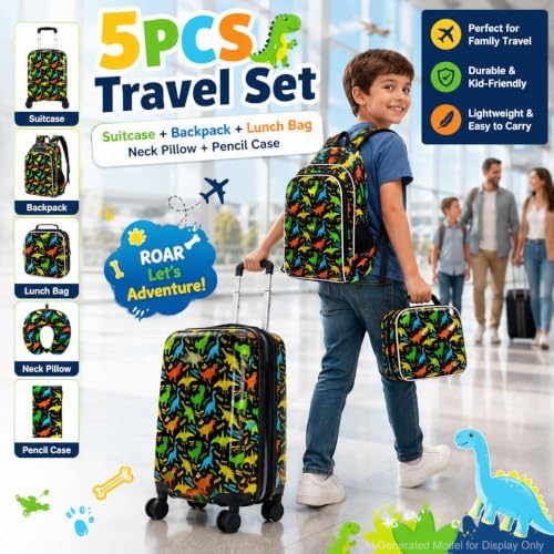 5PCS Kids Luggage Boys Suitcase Set, 16" Hardside Carry-on Dinosaur - Image 2