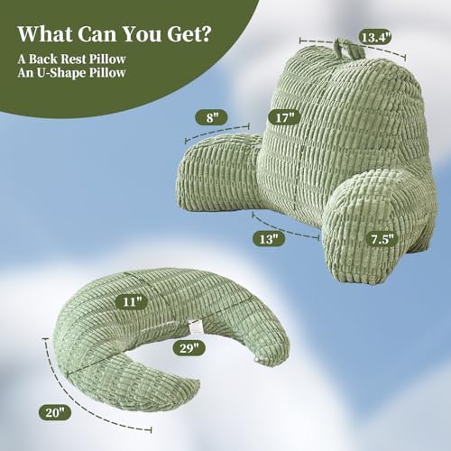 17" Reading Pillow for Bed,U Shaped Arm & Elbow Support,Green Corduroy - Image 3