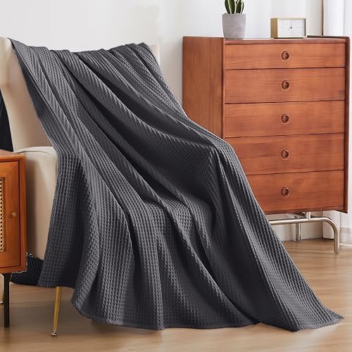 100% Egyptian Cotton Waffle Weave Throw Blanket for Bed Couch Sofa Home Decor, Soft Lightweight Bed & Couch Blanket for All Seasons (Dark Grey - King Size - 104 * 90") - Image 3