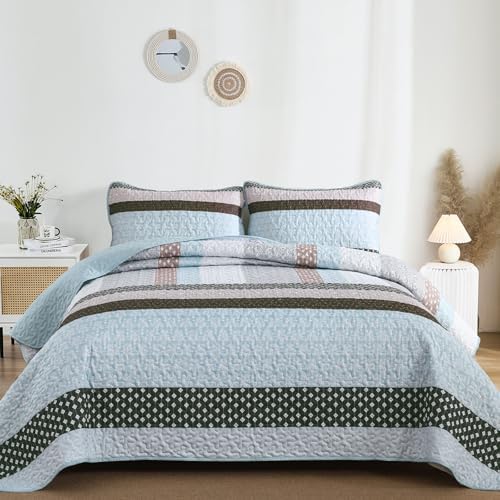 WONGS BEDDING Boho Quilt Queen Size, Patchwork Bedding Set, Blue Brown - Image 2