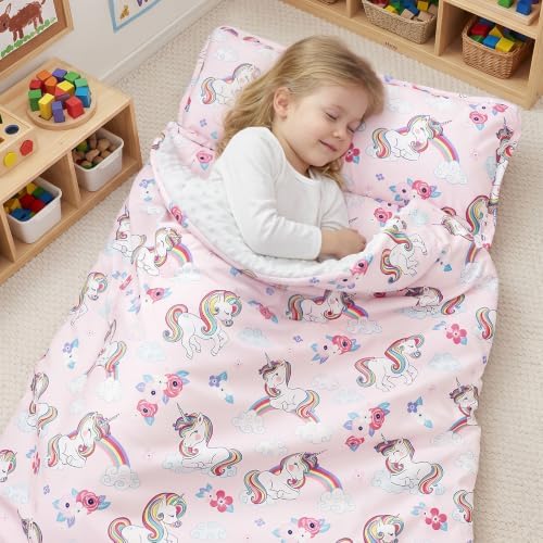 PHF Toddler Nap Mat with Removable Pillow and Minky Blanket, Rollup Design Kids Sleeping Mat, Slumber Bags for Girls, 55"x23" Toddler Sleeping Bag for Daycare Preschool Travel Camping, Unicorn by PHF