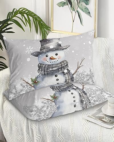 Grey Snowman Christmas Queen Pillow Cases Set of 2, Xmas Berry Microfiber Bed Throw Pillow Covers, Winter Snowflake Decorative Lumbar Pillow Cover with Envelope Closure for Sofa/Travel 20"x30" by DecorLovee