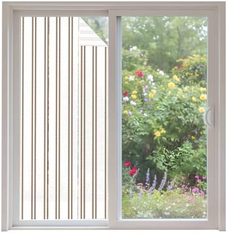 Window Privacy Film Frosted, Oatmeal Striped Vintage Non-Adhesive Static Cling Window Tint, Light Brown Farmhouse Rustic Lines Insulated Windows Frosted Films for Living Room, 35.4 x 78.7 Inches by Unknown